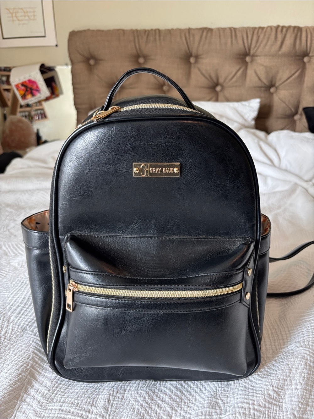 Gray House Black Mini Backpack with Gold Hardware